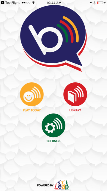 BWB app home screen with Play Today, Library and Settings